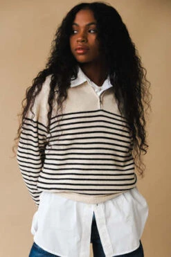 DunstUnisex Dunst HALF ZIP UP STRIPE KNIT - CREAM/BLACK